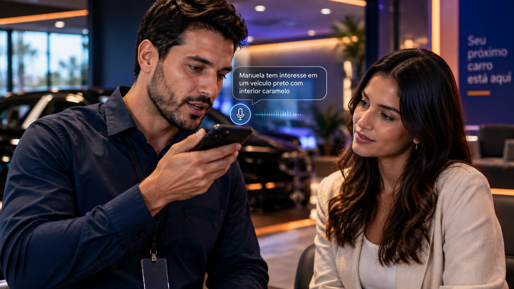 Vendedor usando o comando por voz no Secreta para buscar clientes por interesse